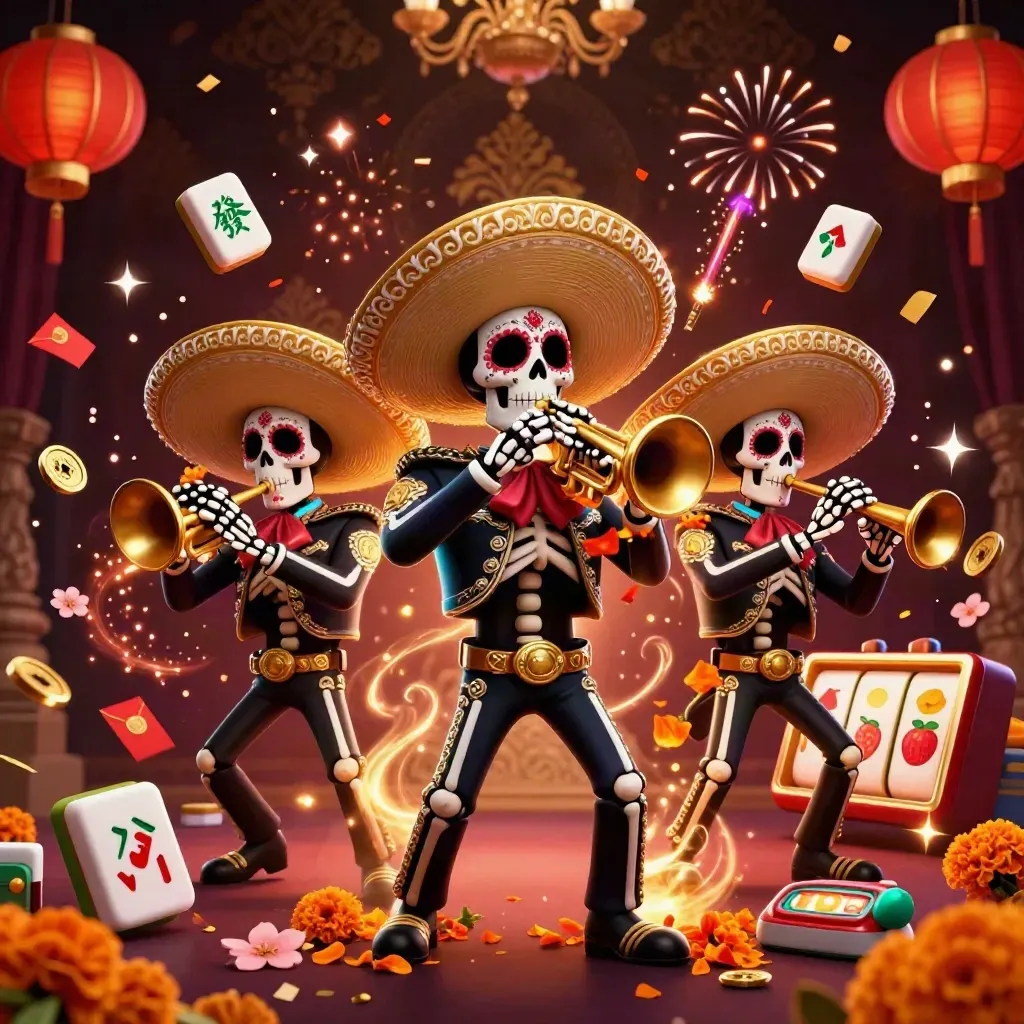 Day-of-the-Dead skeleton mariachi trio amid casino reels, jade coins, lanterns, fireworks, neon glow