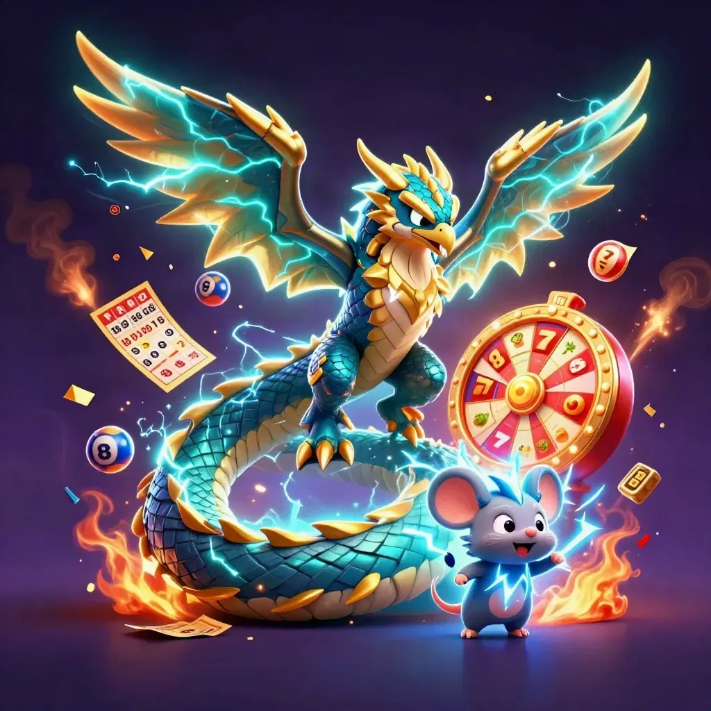 Thunder dragon, wind hawk and static mouse amid casino reels, bingo balls and a prize wheel.