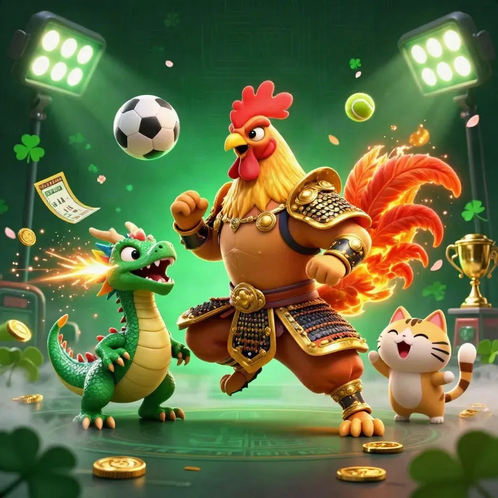 Rooster warrior, dragon hatchling, and fortune-cat amid casino sports bursts and gold sparks.