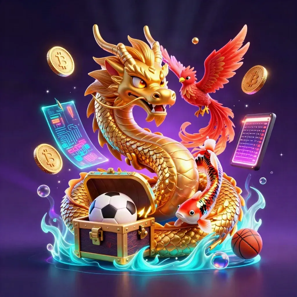Golden dragon with phoenix, koi, coins, sports balls, and neon casino effects.