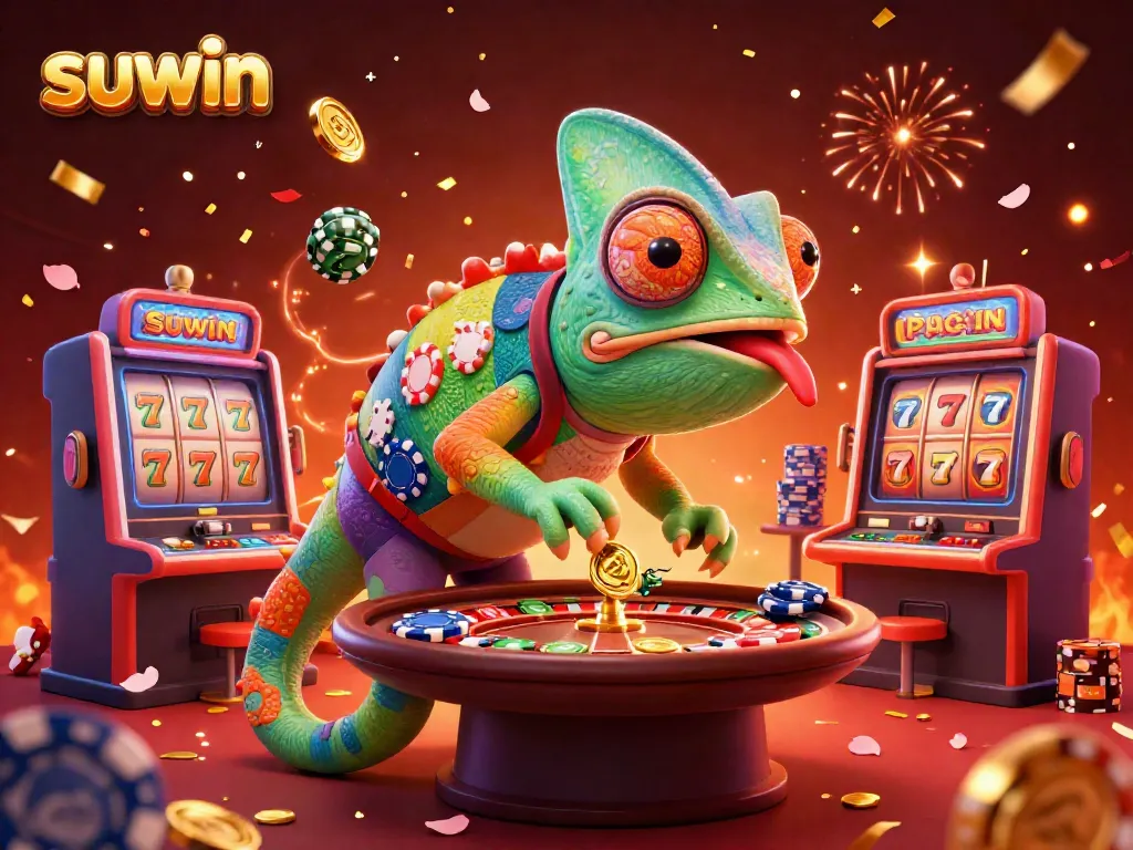 Watch the 'suwin' chameleon casino owner delight in golden coins and slot machines amidst a festive celebration.