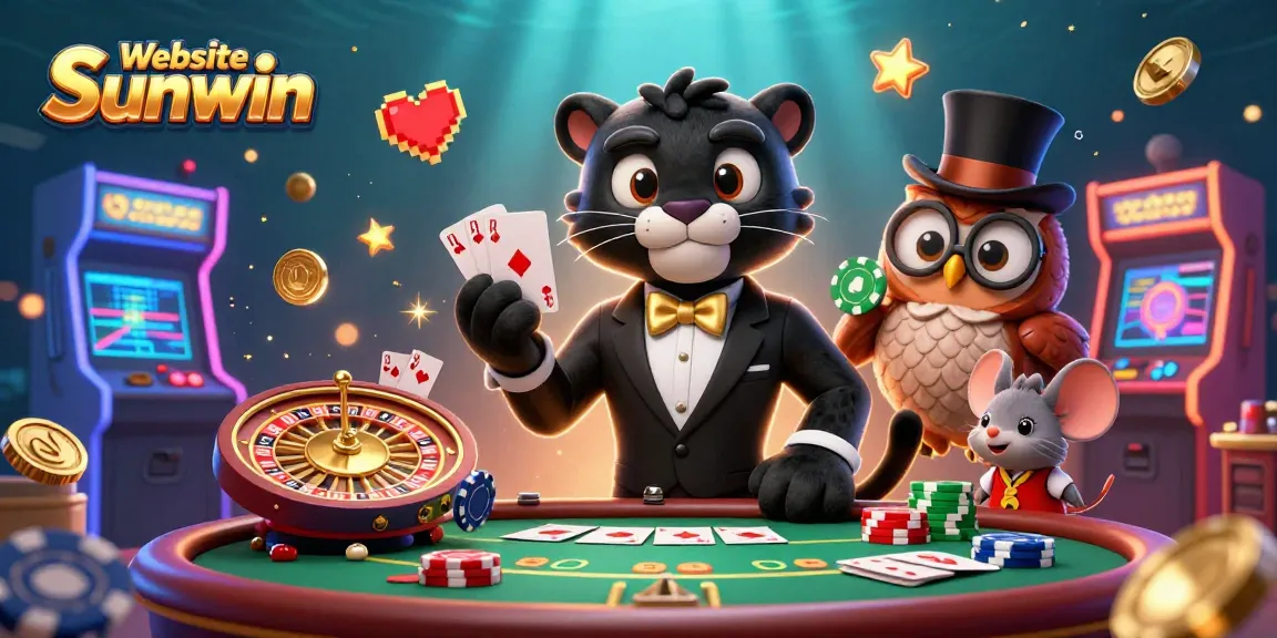 Engage with the excitement of gambling on Website Sunwin with a vibrant casino scene featuring animated characters and neon elements.