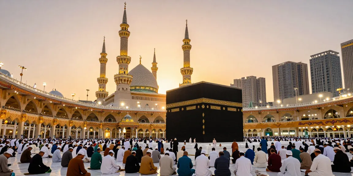Umroh Ramadhan: Beautiful pilgrims at sunset near the Kaaba, Makkah vacation, travel guide.