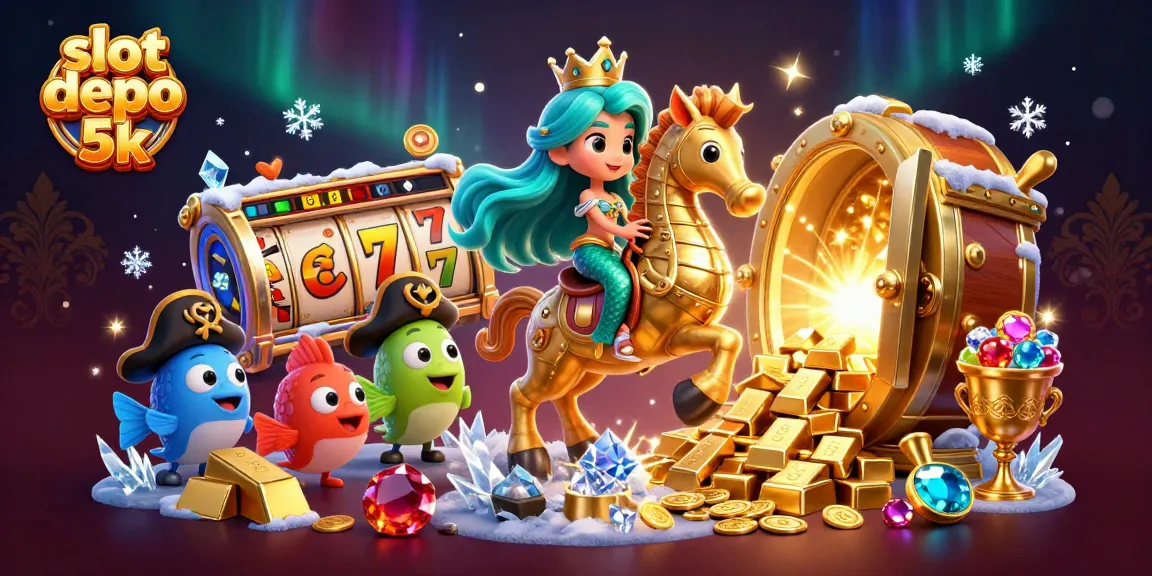 Spin the reels at slot depo 5k with vibrant characters and dynamic casino elements, creating an exciting atmosphere.