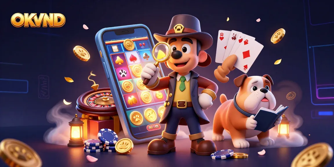 Engage in thrilling games at OKVND, showcasing a dynamic scene of cartoon characters amidst casino elements.