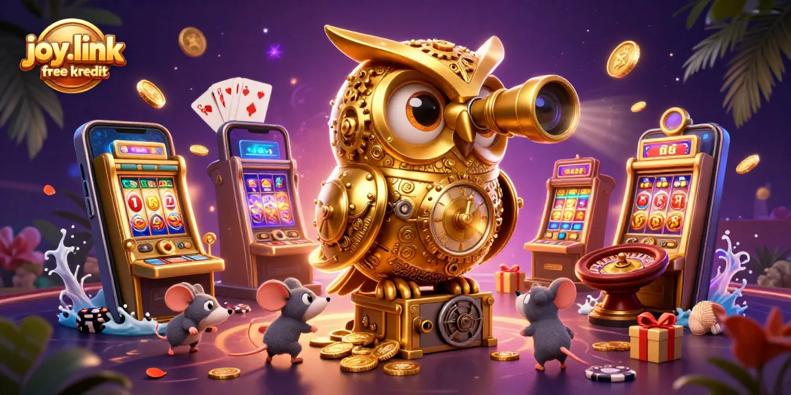 Spin to win with joy.link free kredit as a golden owl oversees a vibrant casino scene.