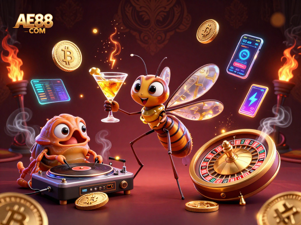 Spin the golden roulette wheel at AE888 COM featuring vibrant fossil characters and Bitcoin coins.