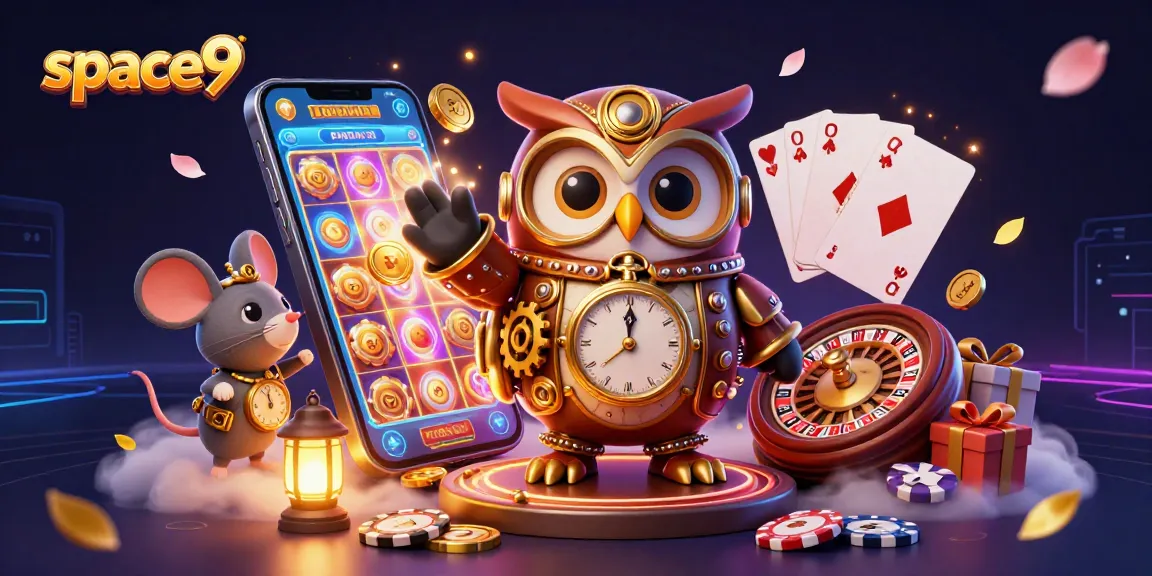 Spin the reels at space9 with an enchanting owl and clockwork mouse in a vibrant casino scene.
