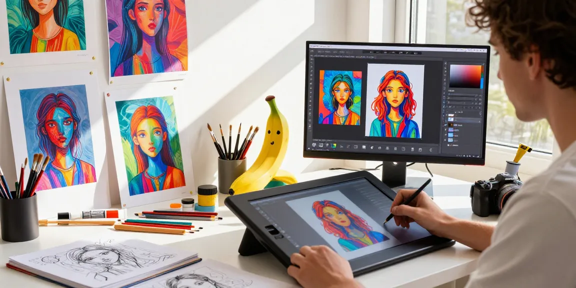Artist using Nano Banana AI image editor on a large tablet in a vibrant studio, surrounded by colorful art supplies and prints.