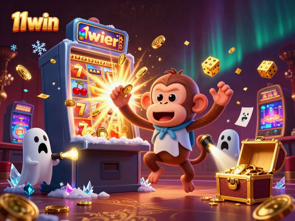 Experience the excitement of 11win with a vibrant casino scene featuring a playful poltergeist monkey and a curious puppy.