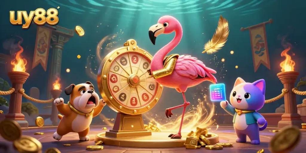 Experience the excitement of uy88 with an energetic game show scene featuring a flamingo host and bulldog contestant.
