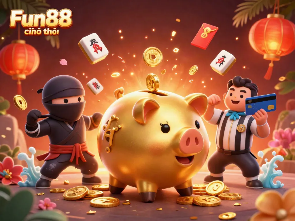 Engage with Fun88 chính thức in a vibrant, action-packed 3D casino scene filled with gold coins and festive elements.