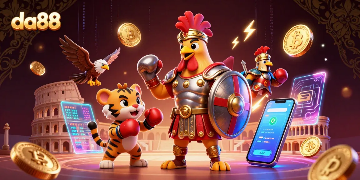 Engage in thrilling gameplay with da88 featuring a gladiator rooster and crypto elements.