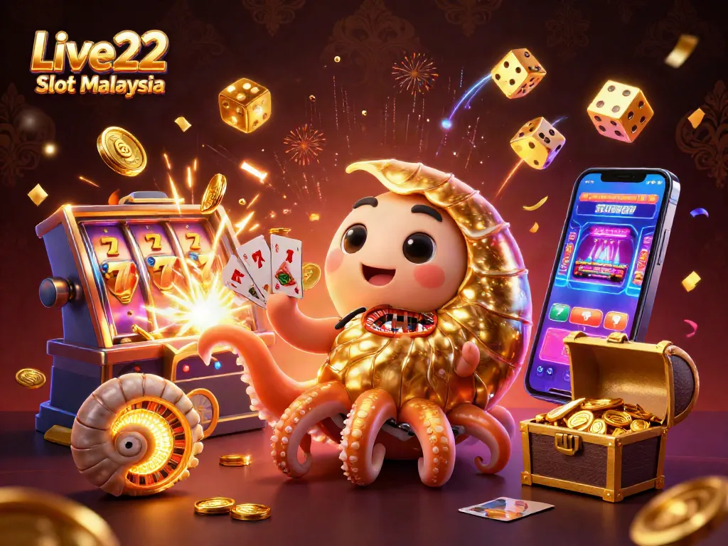 Experience the thrill of Live22 Slot Malaysia with a vibrant 3D casino illustration showcasing exciting game elements.