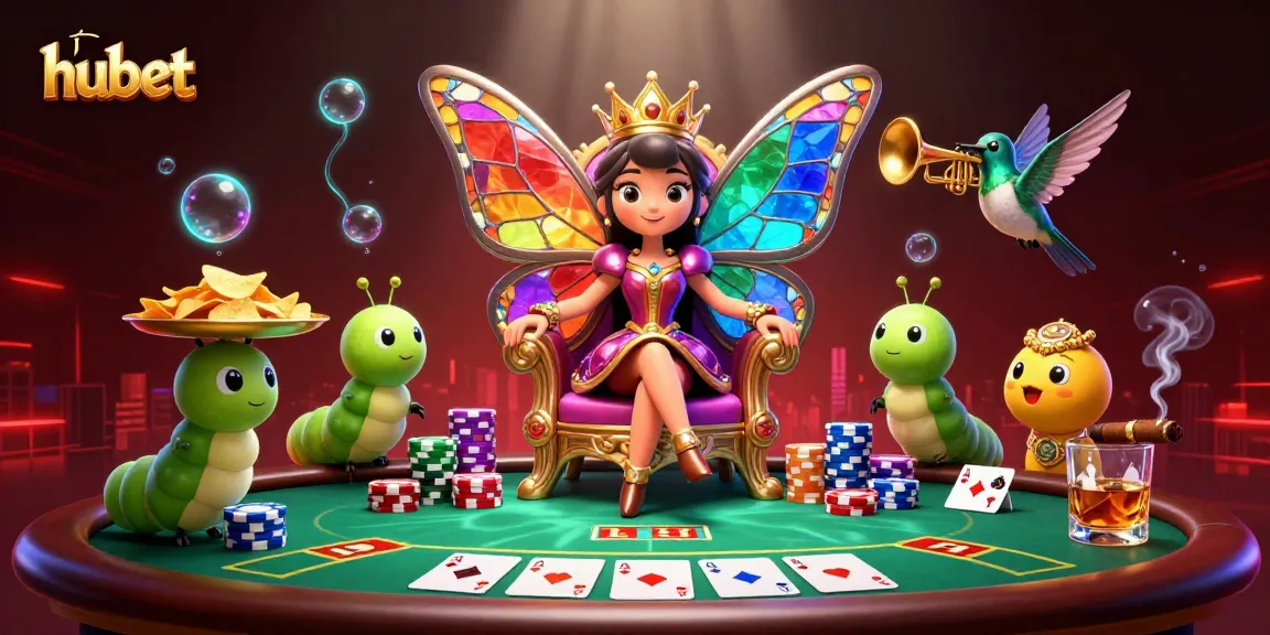 Engage with hubet's colorful poker scene featuring a butterfly queen and dynamic characters.