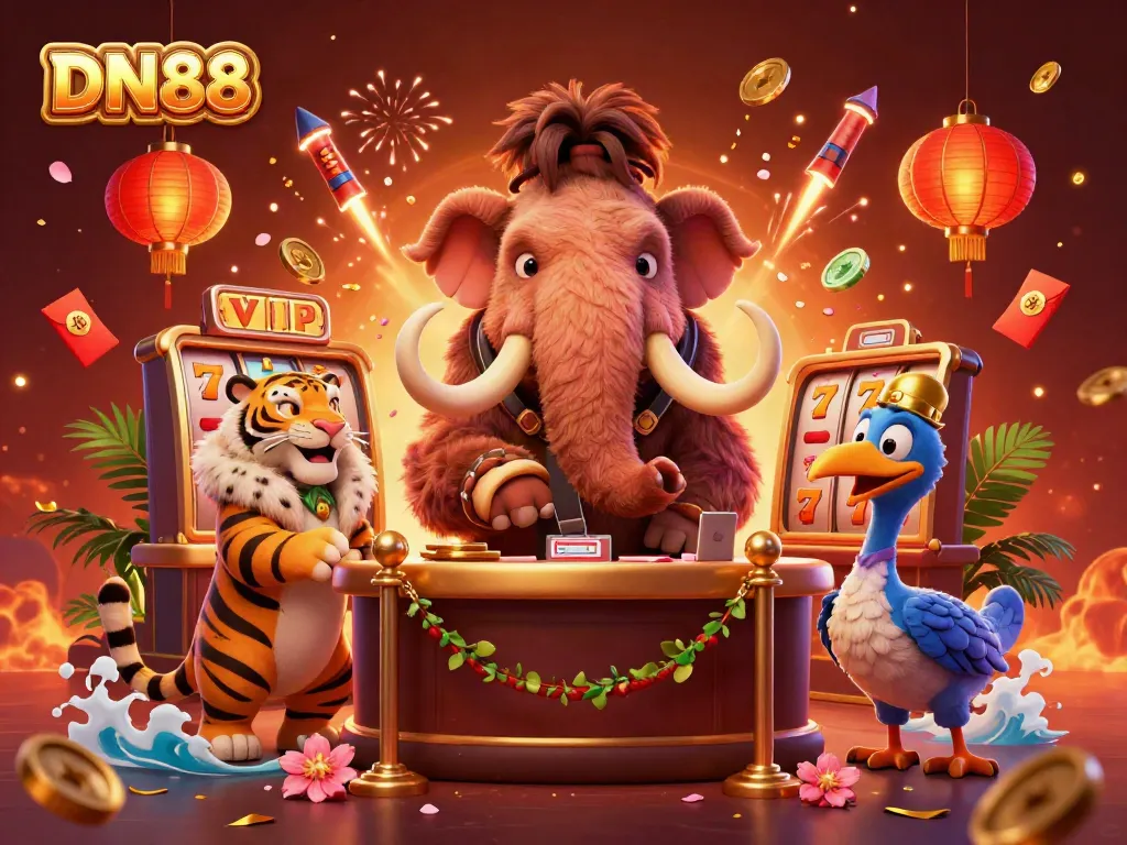 Experience the vibrant energy of DN88 casino with dynamic characters and game elements in a rich 3D scene.