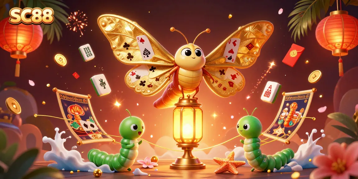 Experience the immersive world of SC88 with vibrant casino scenes and golden moths in this stunning digital illustration.