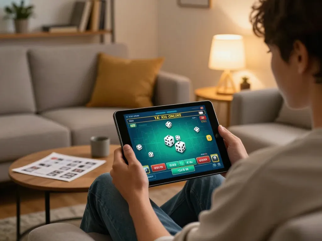 Playing app tài xỉu online on a tablet in a cozy home setting, emphasizing safe gaming strategies.