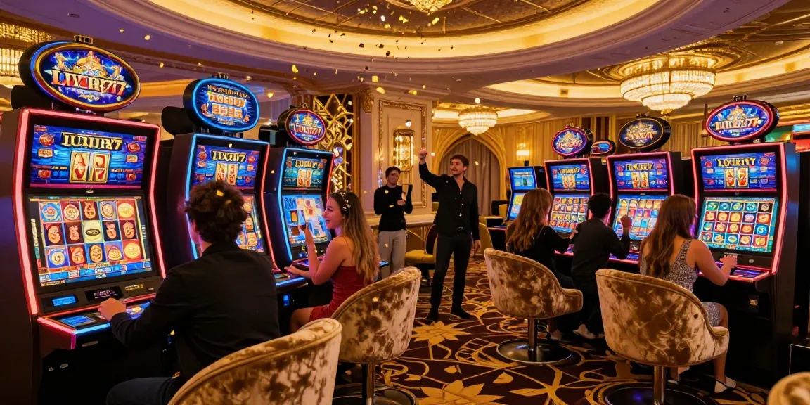 LUXURY777 suasana permainan slot online yang mewah dengan pemain merayakan kemenangan di kasino virtual.