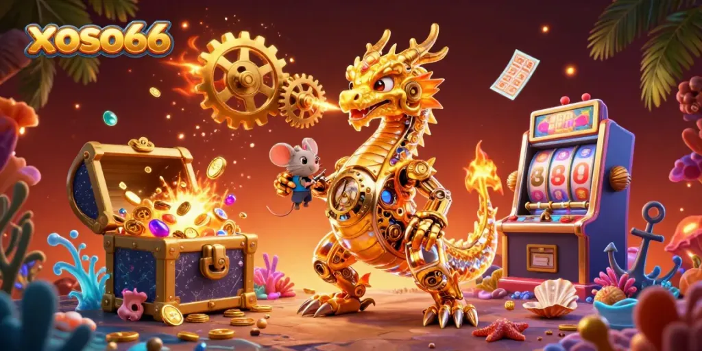 Experience the thrill of gaming with xoso66, showcasing a golden dragon and dynamic slot elements!