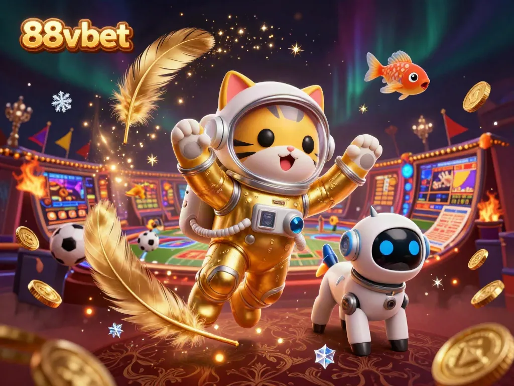 Immerse in thrilling sports betting action with vibrant 88vbet illustration featuring a cat astronaut and robot dog.