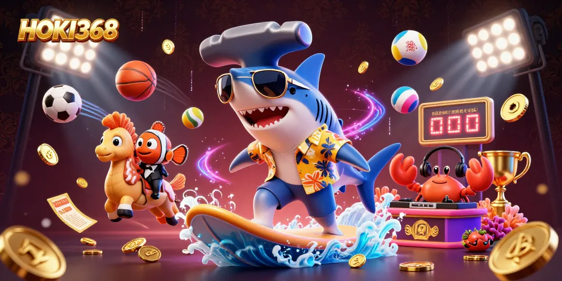 Win big with HOKI368 while enjoying vibrant visuals featuring dynamic cartoon characters and gambling elements.