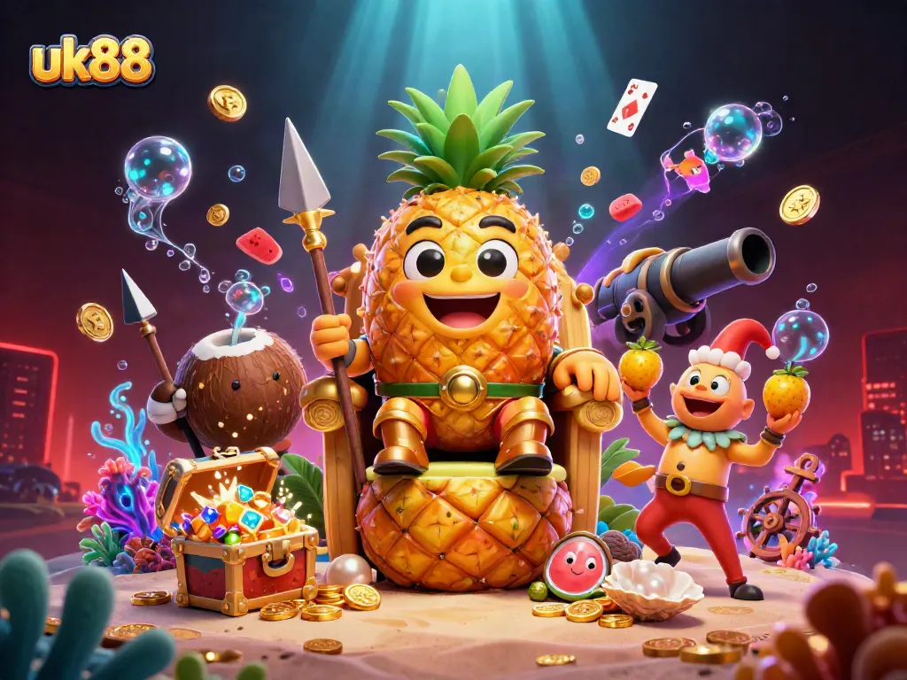 Win big at uk88 with an exciting vibrant 3D casino scene featuring a golden pineapple king and colorful elements.