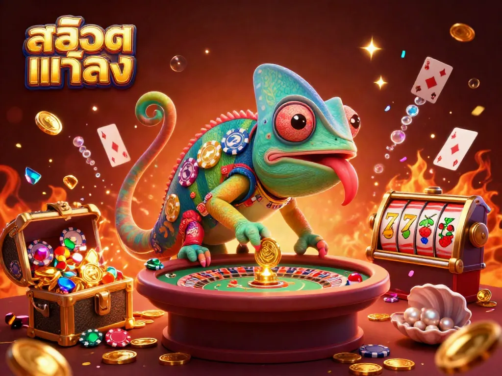 Engage with the vibrant casino scene featuring สล็อตแท้ตรง where the chameleon owner interacts with slot reels, coins, and celebration.