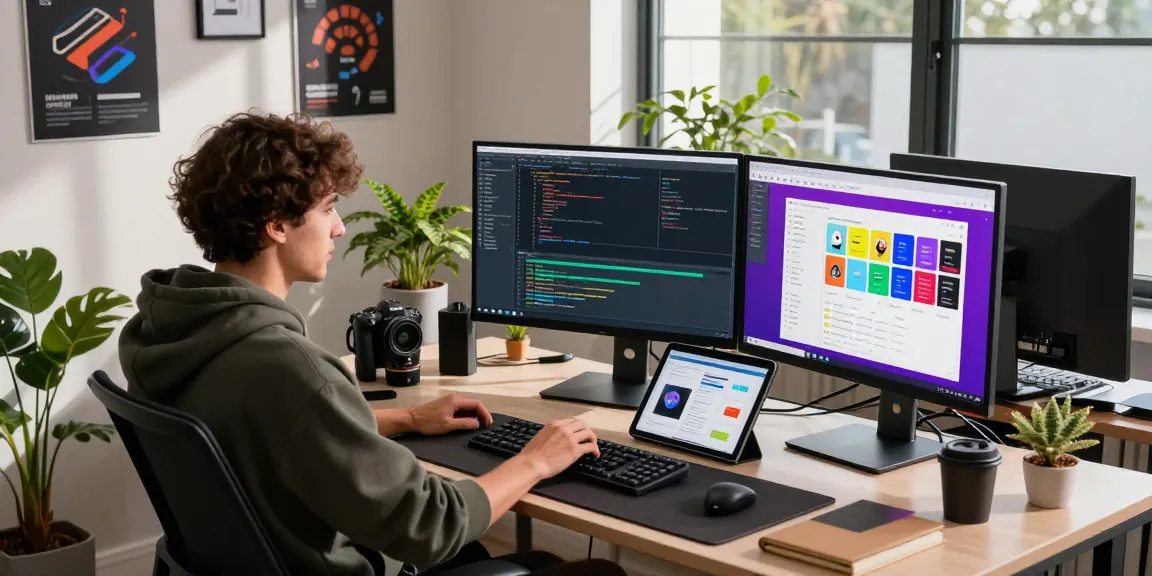 Developer coding at an ergonomic desk showcasing telegraimin.com on multiple screens, in a modern office.