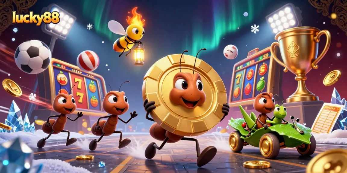 Experience the thrill of lucky88 with a vibrant heist scene featuring ants and casino elements.