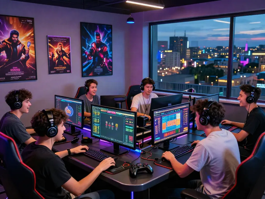 Group of friends playing at Hitclub gaming station with vibrant LED lights