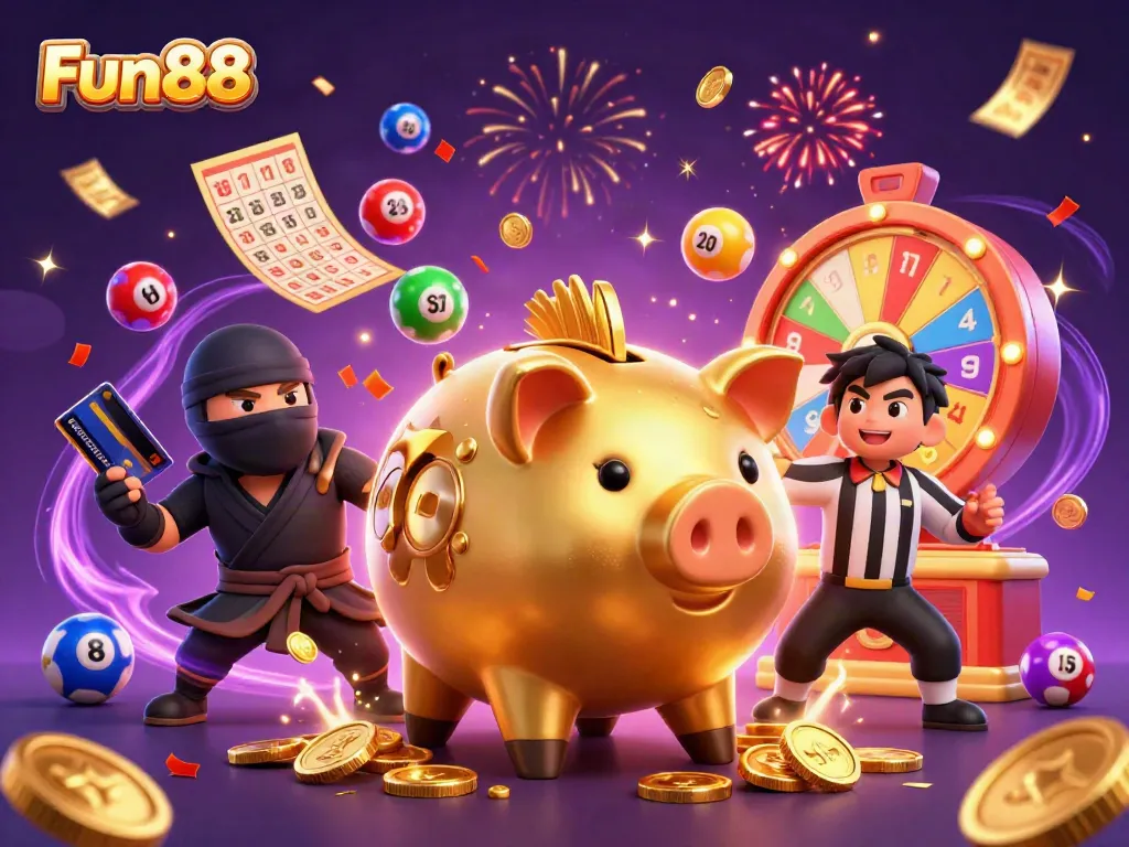 Experience Fun88's dynamic gaming scene with golden piggy bank and lively lottery actions.