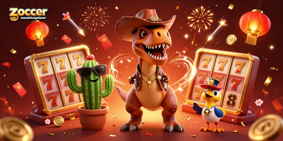 Experience the zoccer casino auszahlungsdauer with an exciting scene featuring a cartoon cowboy dinosaur, cactus sidekick, and a roadrunner in a dynamic casino setting.