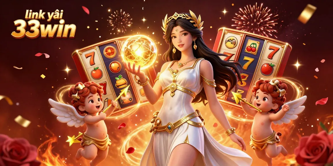 Experience the excitement of playing slots with link vào 33win, featuring a glamorous goddess surrounded by vibrant casino elements.