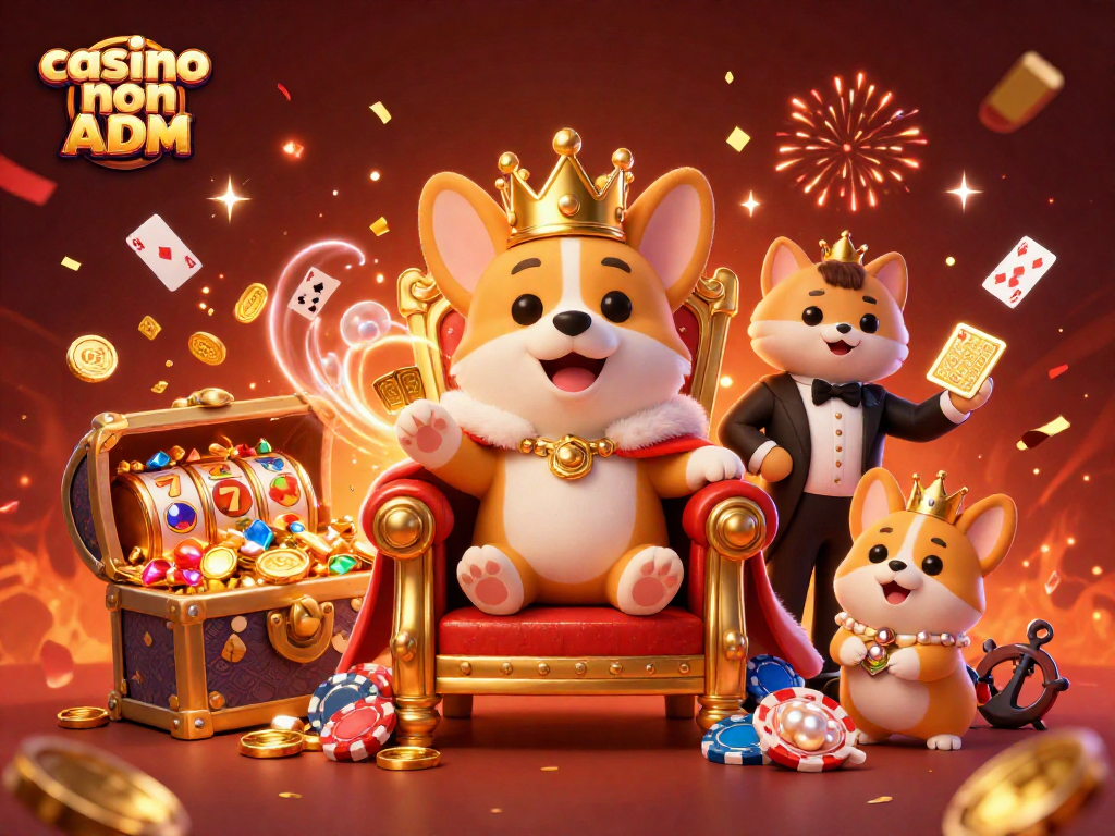 Illustrazione 3D di un corgi reale su un trono di poker mentre esplora il casino non ADM con oro e tesori.