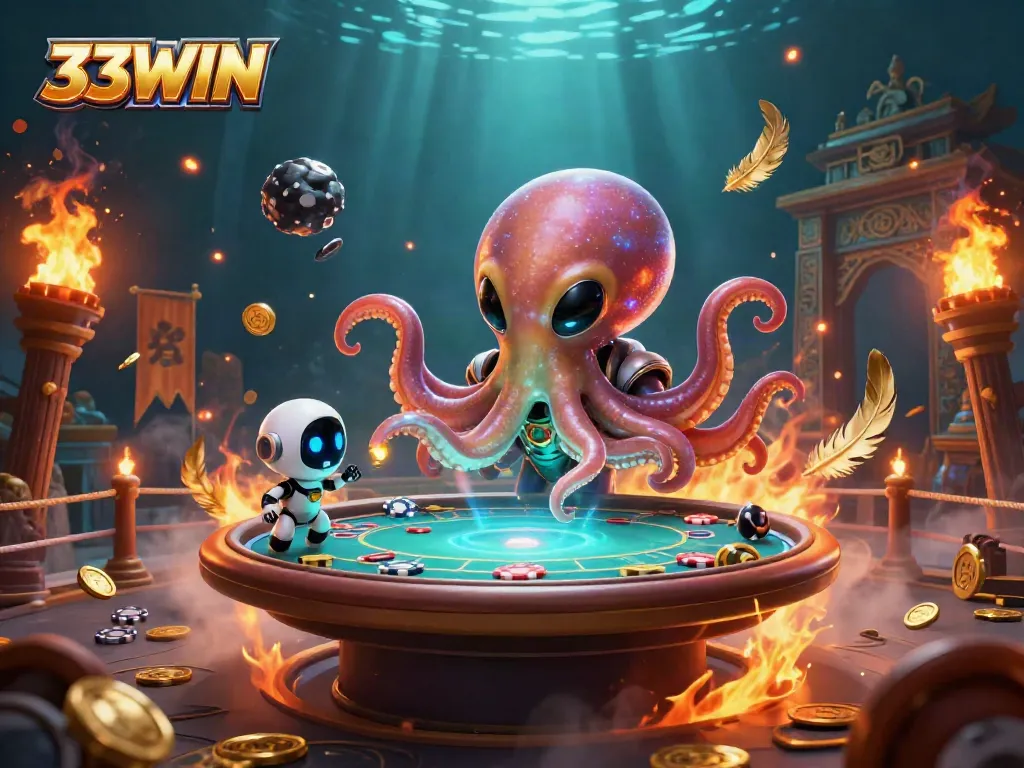 Experience thrilling gaming at 33WIN with an alien octopus commanding a holographic poker table.