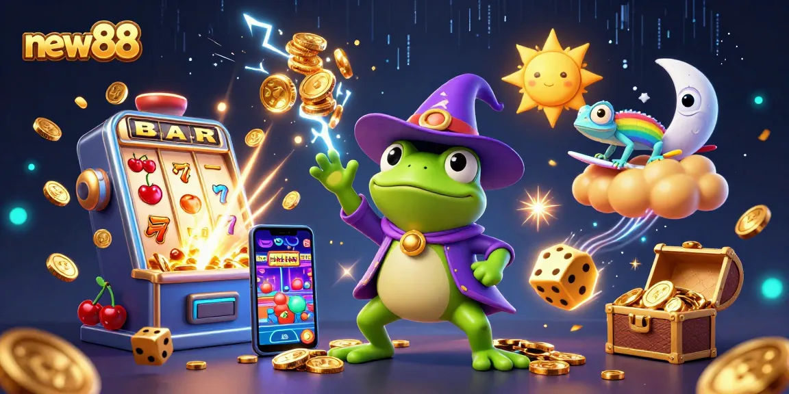 Experience fun and winning moments at new88 as characters celebrate with a jackpot explosion of coins.