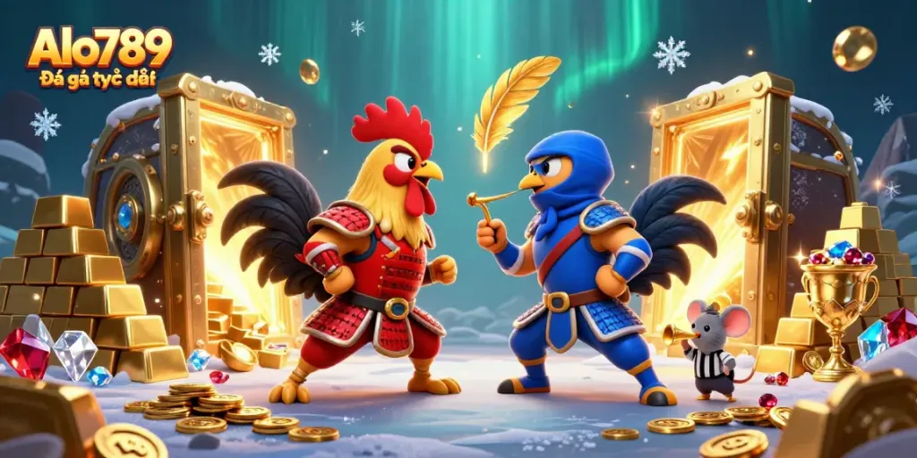 Engage in Alo789 Đá gà trực tiếp with epic rooster battles and treasure in a dynamic casino scene.