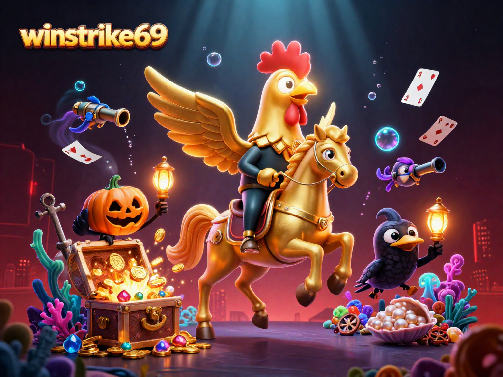Winstrike69 brings luck at a vibrant midnight casino with golden rooster adventures!