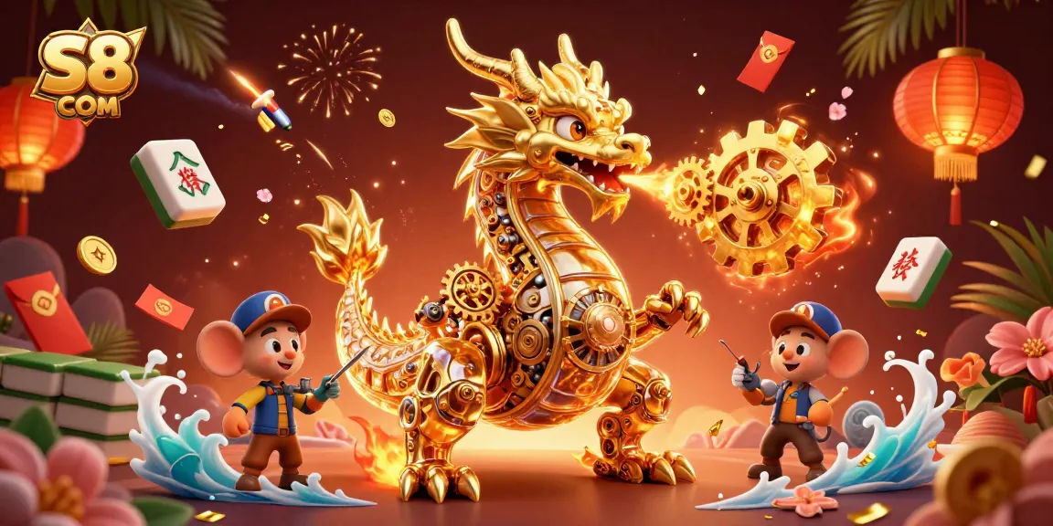 Engage with the dynamic scene of S8 COM featuring a golden dragon and casino elements.