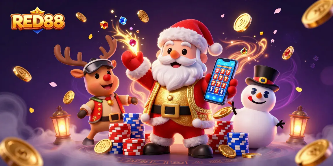 Win big with RED88 slots featuring Santa, his reindeer, and a poker chip snowman!