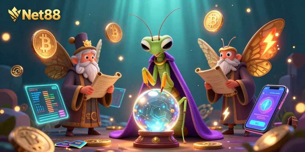 Engage with Net88 by exploring its vibrant 3D fortune teller scene featuring digital crypto elements!