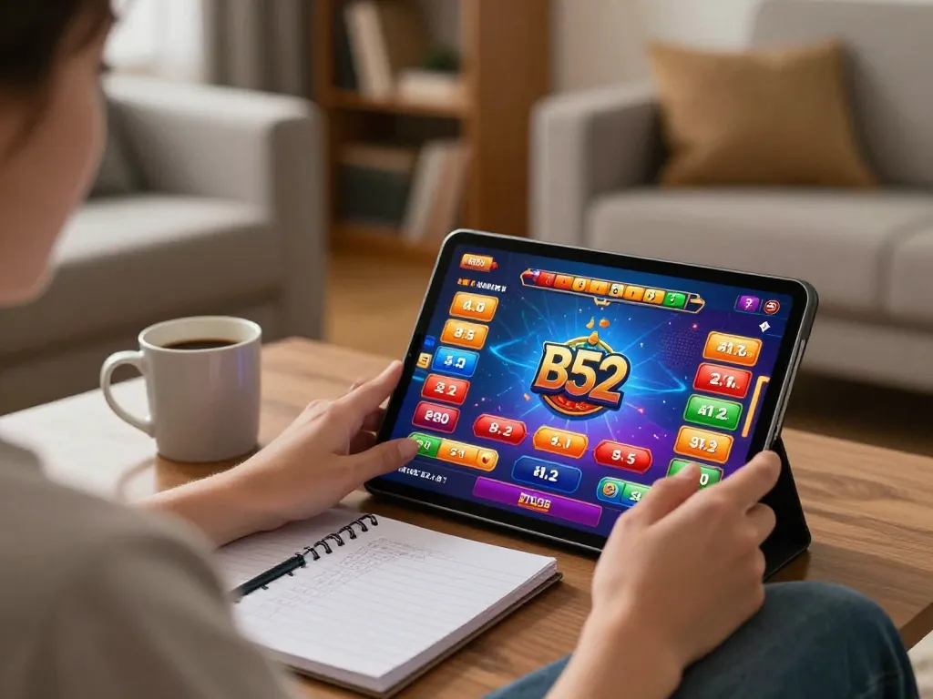 Engaged in online B52 gaming, a player enjoys a relaxing home environment with strategy notes.