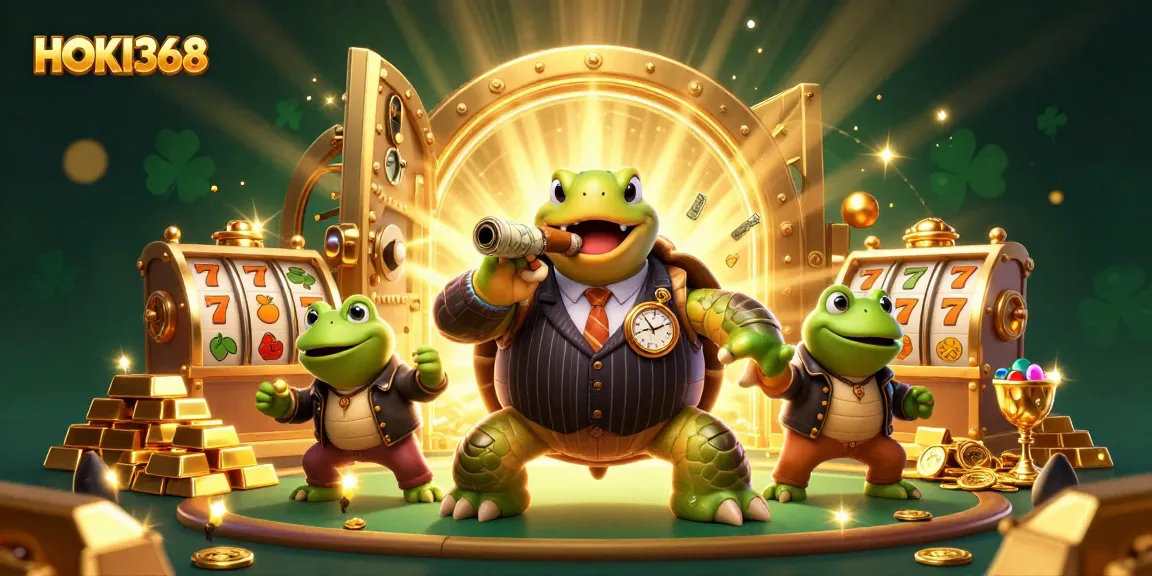 Engage with HOKI368's vibrant casino scene featuring characters and slot reels amidst dynamic gold treasures.