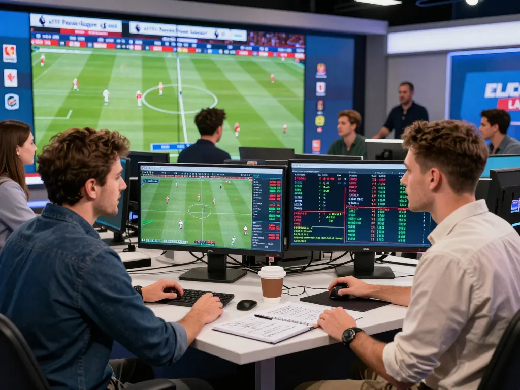 Kèo nhà cái expert analyzing live betting odds and trends in a vibrant gaming studio.