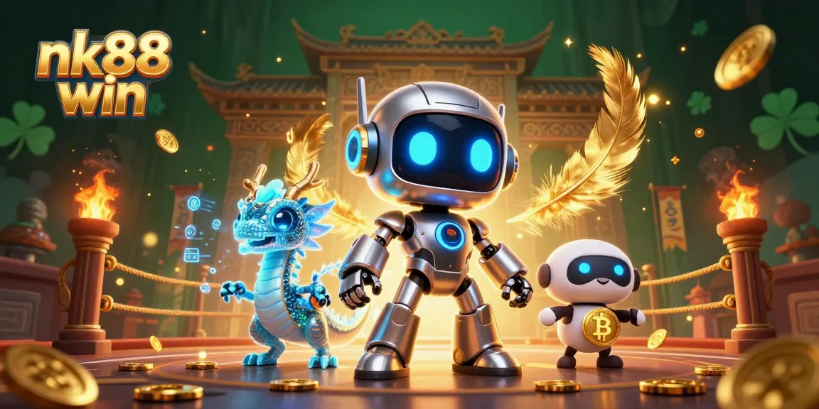 Engage in thrilling gaming adventures at nk88 win, featuring dynamic robot mascot, holographic dragon, and bitcoin drone amidst vibrant casino elements.