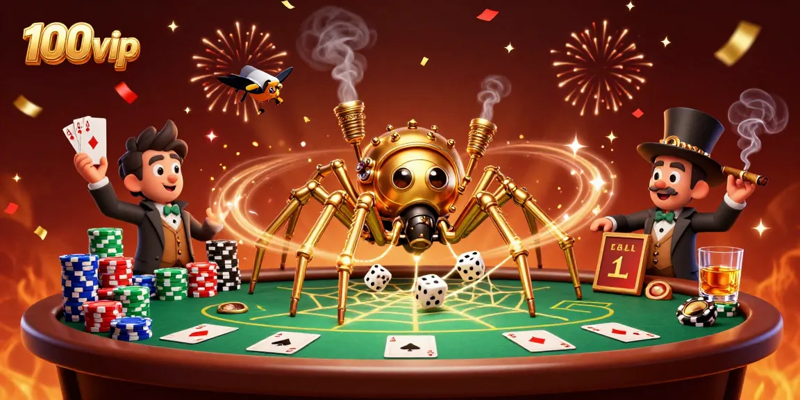 Experience the thrilling atmosphere of 100vip as a golden spider catches lucky dice amidst lush casino elements.