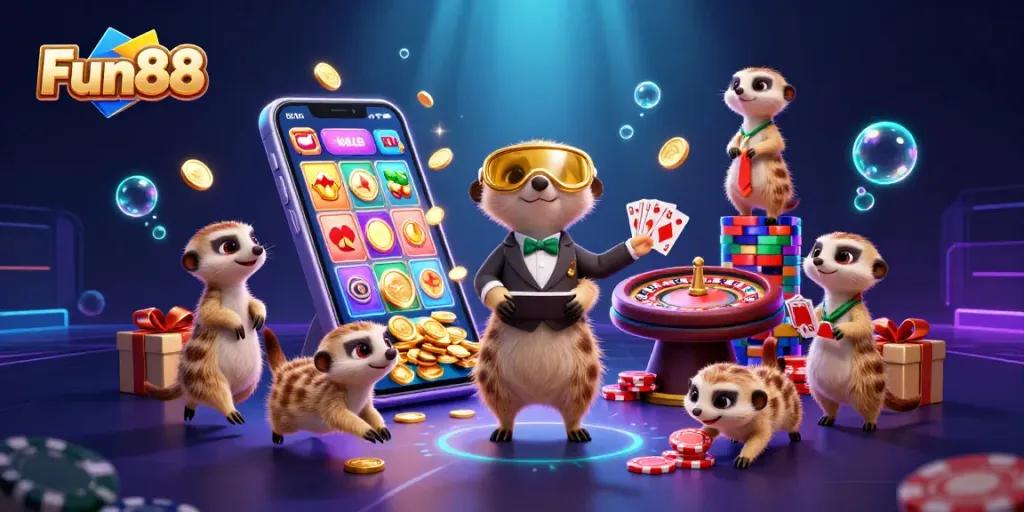 Experience the Fun88 online casino magic with meerkats managing chips in a vibrant scene.