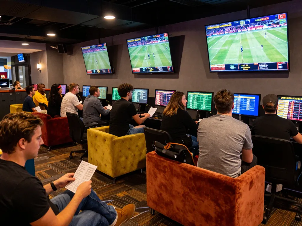 Tỷ lệ kèo nhà cái 5 displayed on screens in an exciting sports betting lounge with enthusiastic bettors.