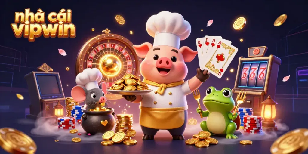 Engage with the immersive world of nhà cái vipwin through this vibrant casino-themed illustration featuring a chef pig, sous-chef mouse, and critic frog.